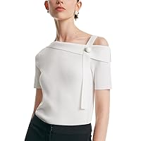 Women's One Shoulder Short Sleeve Knit T-Shirt 2024 Dressy White Pullover Slim Fit Business Casual Tops for Women