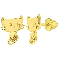 Gold Plated Cat Kitten Safety Screw Back Earrings for Kids, Toddlers, and Little Girls - Cute and Charming Animal Jewelry for Children - Lightweight and Comfortable Jewelry For Kids