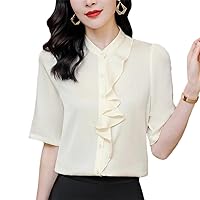 Summer Women's Vintage Shirt Shirts Blouses for Women Solid Tops Ruffles Office Lady Real Silk Satin Blouse