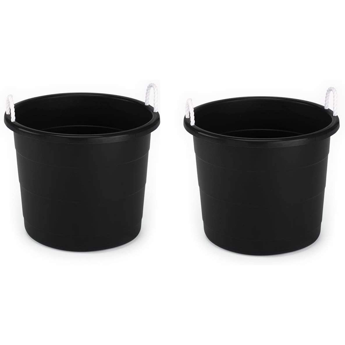 Homz Multipurpose 17 Gallon Plastic Open-Top Storage Round Utility Tub with Rope Handles for Indoor or Outdoor Home Organization, Black (2 Pack)