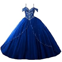 Women's Off Shoulder Beaded Sweet 16 Quinceanera Dresses Cap Sleeves Long Prom Ball Gowns