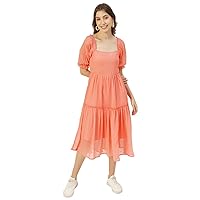 Printed Square Neck Smocked Midi Dress, Poly Georgette Dresses for Women