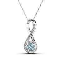Round Aquamarine & Natural Diamond 1/2 ctw Women Vertical Infinity Pendant Necklace. Included 16 Inches 14K Gold Chain