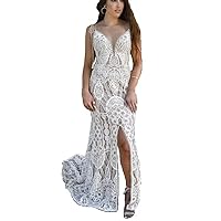 Boho Vintage Lace Wedding Dresses for Bride Mermaid Beach V Neck Bridal Dress Bohemian Wedding Gown with Slit