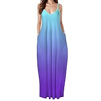 Women's Summer Casual Loose Dress Gradient Tie Dye Spaghetti Strap V Neck Long Cami Maxi Sundresses with Pockets