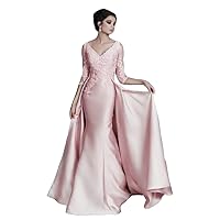 Women's Mermaid Long Sleeves Mother of The Bride Dress with Overskirt Formal Evening Gowns