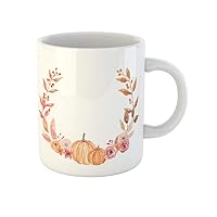 Coffee Mug Harvest Pumpkin Watercolor Fall Flower Wreath Floral Autumn Garland 11 Oz Ceramic Tea Cup Mugs Best Gift Or Souvenir For Family Friends Coworkers