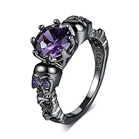 QOBEBOTA Unique Gothic Black Gold Skull Statement Ring Inlaid Purple/Red Cubic Zirconia High Polished Band Rings Birthday Christmas Gifts Cool Goth Jewelry for Women