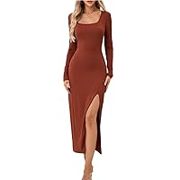 Square Neck Split Thigh Dress - Rust Brown, Elegant, Long Sleeve, Fitted, Medium Stretch