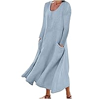 Women's 2024 Spring Cotton Linen Dress Long Sleeve Maxi Casual Plus Size Tunic Dress Beach Flowy Dress with Pockets