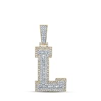10K Two-tone Gold Mens Baguette Diamond L Initial Letter Charm Pendant 1-1/2 Ctw.