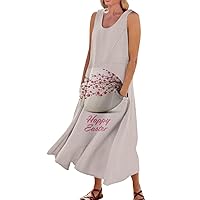 Women's Casual Sleeveless Floral Dress in Cotton and Linen Easter Characteristic Elements with Pockets