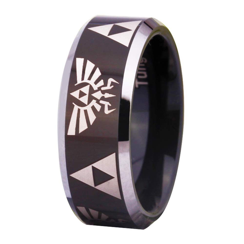 The Legend of Zelda Ring- Crest and Triforce Ring Black Tungsten Carbide Wedding Bands Ring FREE Custom Engraving