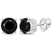 10kt White Gold Unisex Round Black Color Enhanced Diamond Solitaire Stud Earrings 3.00 Cttw