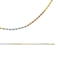 Solid 14k Yellow White Rose Gold Chain Rope Necklace Diamond Cut Twisted Tri Color, 2 mm - 18, 20, 22, 24 inch