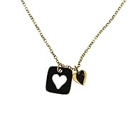 18K Solid Yellow Gold small Cut Out Heart Plate and Tiny Puffy Heart Necklace 16 inches