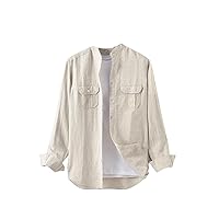 Linen Shirt for Men, Loose Casual Long Sleeve with Mandarin Collar and Pockets, Open Front Style for Youth