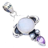 StarGems® Natural Moonstone Amethyst And River Pearl Handmade 925 Sterling Silver Pendant 1.75