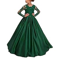 VeraQueen Girl's Dark Green Lace Appliques Pageant Dresses Long Illusion Sleeves Jewel Neck Flower Girl's Dresses Ball Gown