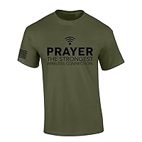 Mens Christian Shirt Prayer The Strongest Wireless Connection Flag Sleeve Short Sleeve T-Shirt Graphic Tee