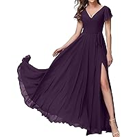 Women's Elegant Ruffles Sleeve Bridesmaid Dress Long Chiffon A-Line Formal Evening Dress