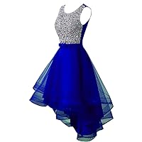 Sheer Beaded Scoop Neck High Low Prom Evening Party Homecoming Dresses