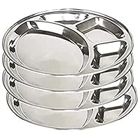 Pack of 4 Stainless Steel 4 Compartment Plate Food Divided plate Daily Use Mess tray, Round Plate Section Divided Plates for Kids, Heavy Duty Camping Outdoor steel Plate (12 Inch)