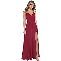 V Neck Spaghetti Straps Satin Bridesmaid Dresses with Slit Long for Women Formal Evening Gowns