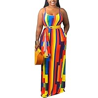 WOOSEN Womens Summer Suspender Maxi Dress Plus Size Striped Printed Sleeveless with Pockets and Belt