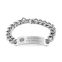 Medical Alert Cuban Chain Stainless Steel Bracelet, Allergic to Apples Awareness, SOS Emergency Health Life Alert ID Engraved Stainless Steel Adjustable Bracelet For Men Women Kid