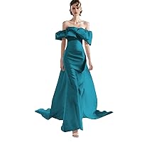 Women's Evening Gown Train Trailer Party Prom Dress Elegant Satin Off Shoulder Long Dress