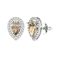 2.52ct Pear Round Cut Halo Solitaire Yellow Moissanite Pair of Solitaire Stud Screw Back Earrings 18K White Gold