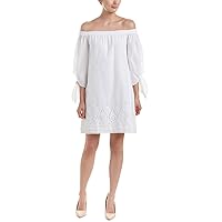 laundry BY SHELLI SEGAL Women's Off The Shoulder Tie Sleeve with Embroidered Hem, Optic White, 0