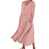 Women's Long Sleeve Dresses Cotton Linen 2023 Fashion Casual High Waist Crewneck Solid A-Line Dress with Pockets