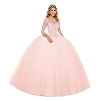 Women's Tulle Quinceanera Prom Dresses Ball Gown Sheer Neck Illusion Half Sleeve Sweet 16 Dress