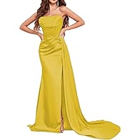 Women's Strapless Prom Dresses Satin Mermaid Bridesmaid Dress with Slit Corset Formal Evening Party Gowns