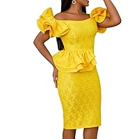 Womens Yellow Lace Peplum Patry Dresses Tube Tops Ruffles Sexy High Waist Bodycon Dress Club Work Gown