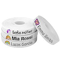 100 Personalized Iron-on White Fabric Labels for Clothes with Colorful Icons, Gentle on Kids Skin, Ideal for School Uniform & Elder Care, Customizable - 70% Polyester, 30% Cotton, Fantasy