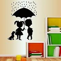 Wall Vinyl Decal Home Decor Art Sticker Children Girl and Boy Staying Under an Umbrella Rain Dog Puppy People Couple Kids Nursery Room Removable Stylish Mural Unique Design 175