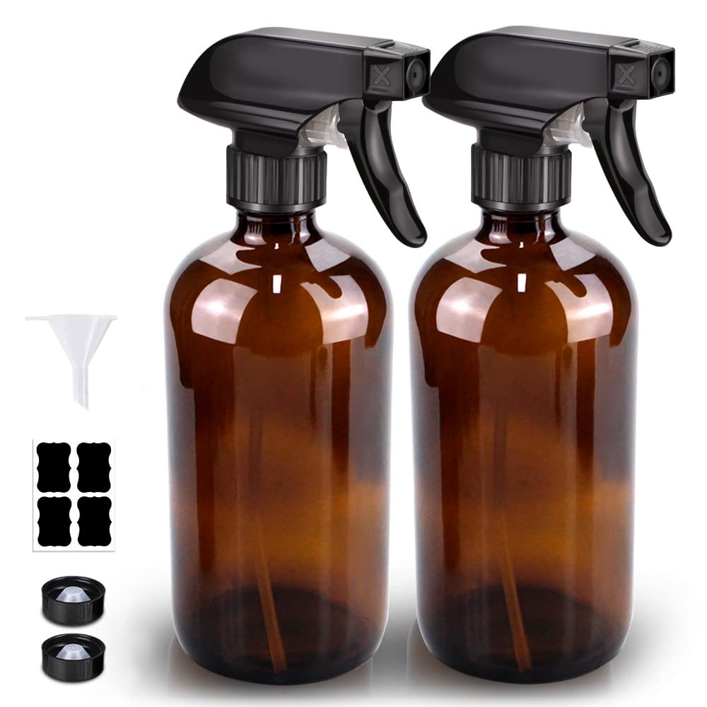 Bontip Glass Spray Bottle, Amber Bottle Set & Accessories for Non-toxic Window Cleaners Aromatherapy Facial Hydration Watering Flowers Hair Care (2 Pack/16oz) (Amber)