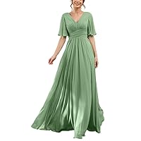 Women's Chiffon Bridesmaid Dress Floor-Length A-line V Neck Prom Dresses