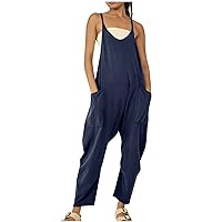 Womens Summer Jumpsuits, Fashion Sleeveless Tank Romper, Daily Casual Loose Long Pant V-Neck Overalls with Pockets