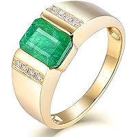 14K Yellow Gold Natural Men's Emerald Ring Engagement Wedding Band with Diamonds for Man Father's Day