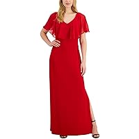 CONNECTED APPAREL V-Neck Flutter Chiffon Sleeve Solid Column Matte Jersey Gown Apple RED / 6