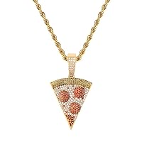 Jewelry Hip Hop Iced Out Exquisite Pizza Pendant Chain Pave Colorful Diamond 18K Gold Plated Solid Back Necklace with 24 Inch Stainless Rope Chain for Men Women