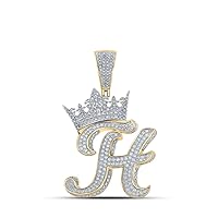 Saris and Things Men's Solid 10kt Two-tone Gold Round Diamond Crown H Letter Charm Pendant 1-7/8 Cttw