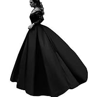 Women's Off Shoulder Long Sleeve Prom Dress Lace and Satin Floor Length Evening Dress