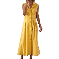 Women Cotton Linen Button Down Sleeveless A-Line Dress Summer High Waist Lapel Casual Loose Solid Swing Shirt Dress