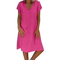 joysale Womens Summer Solid Color Dresses Casual Henley V Neck Maxi Dresses Short Sleeve Cotton Linen Baggy Beach Dress