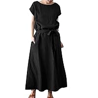 Women Casual Dresses 2023 Summer Ladies Mid Length High Waist Lace Up Dress Mid Sleeve Cotton Linen Round Neck
